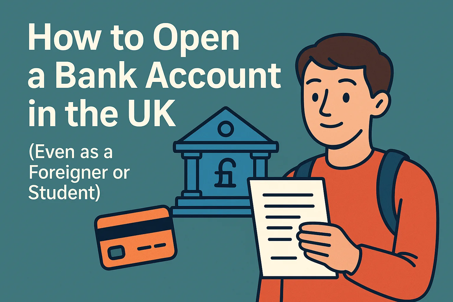 Student holding documents with UK bank and debit card icons — blog on how to open a UK bank account as a foreigner or student